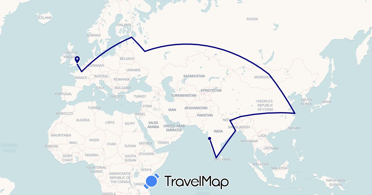 TravelMap itinerary: driving in China, France, United Kingdom, India, Mongolia, Nepal, Russia (Asia, Europe)