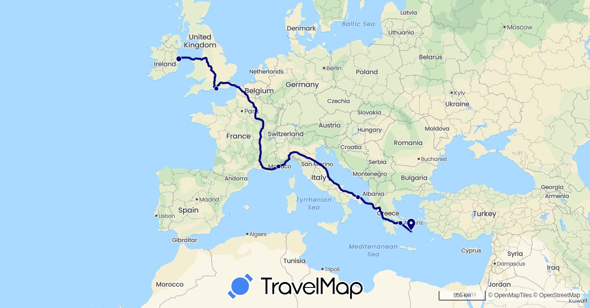 TravelMap itinerary: driving in France, United Kingdom, Greece, Ireland, Italy (Europe)